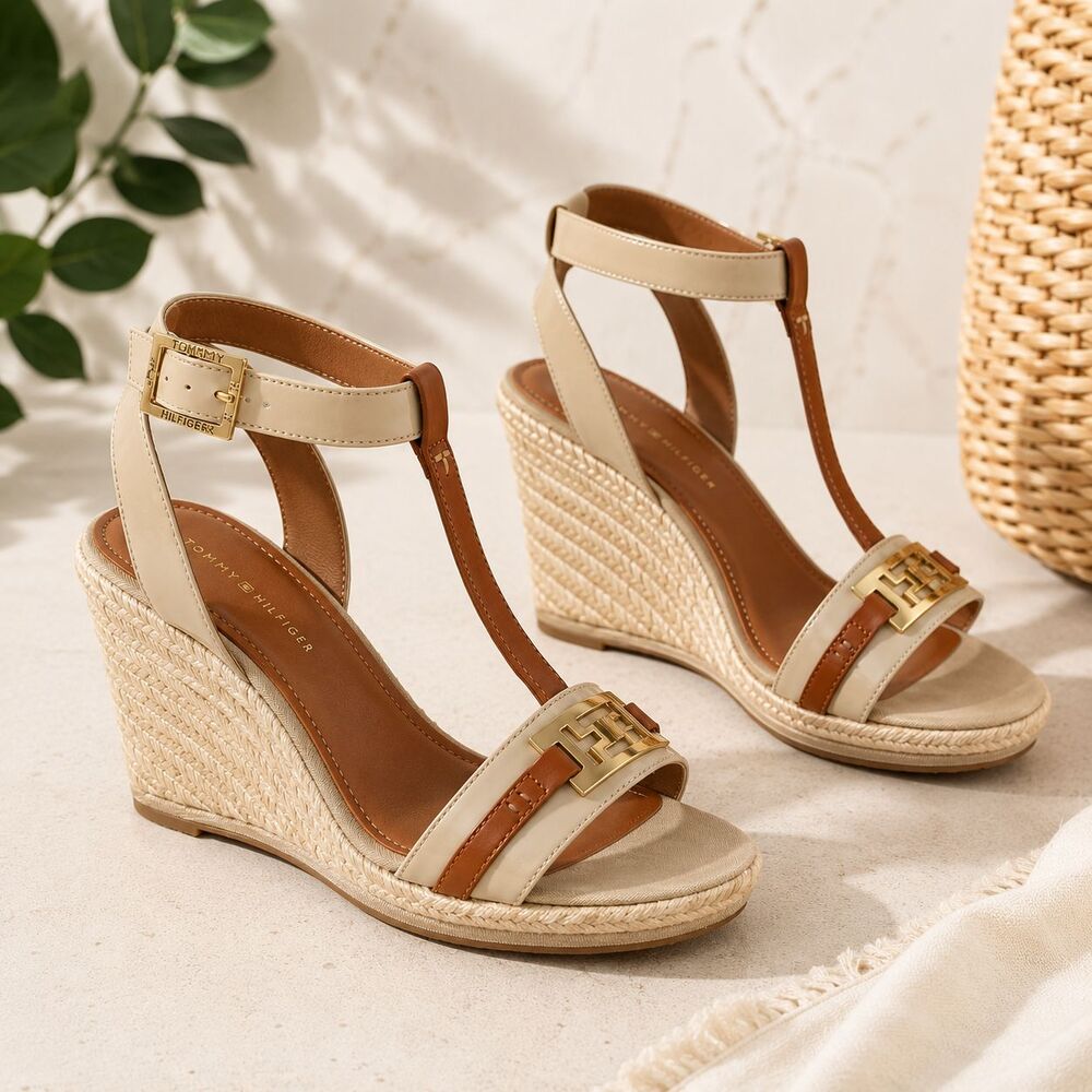 Tommy Hilfiger Wedge Espadrille Sandals 8M Beige Tan Quiet Luxury Coastal